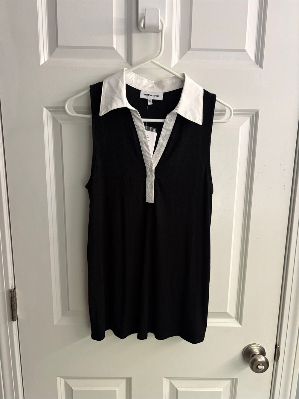 Motherhood Black Sleeveless Polo Tank with White Collar
